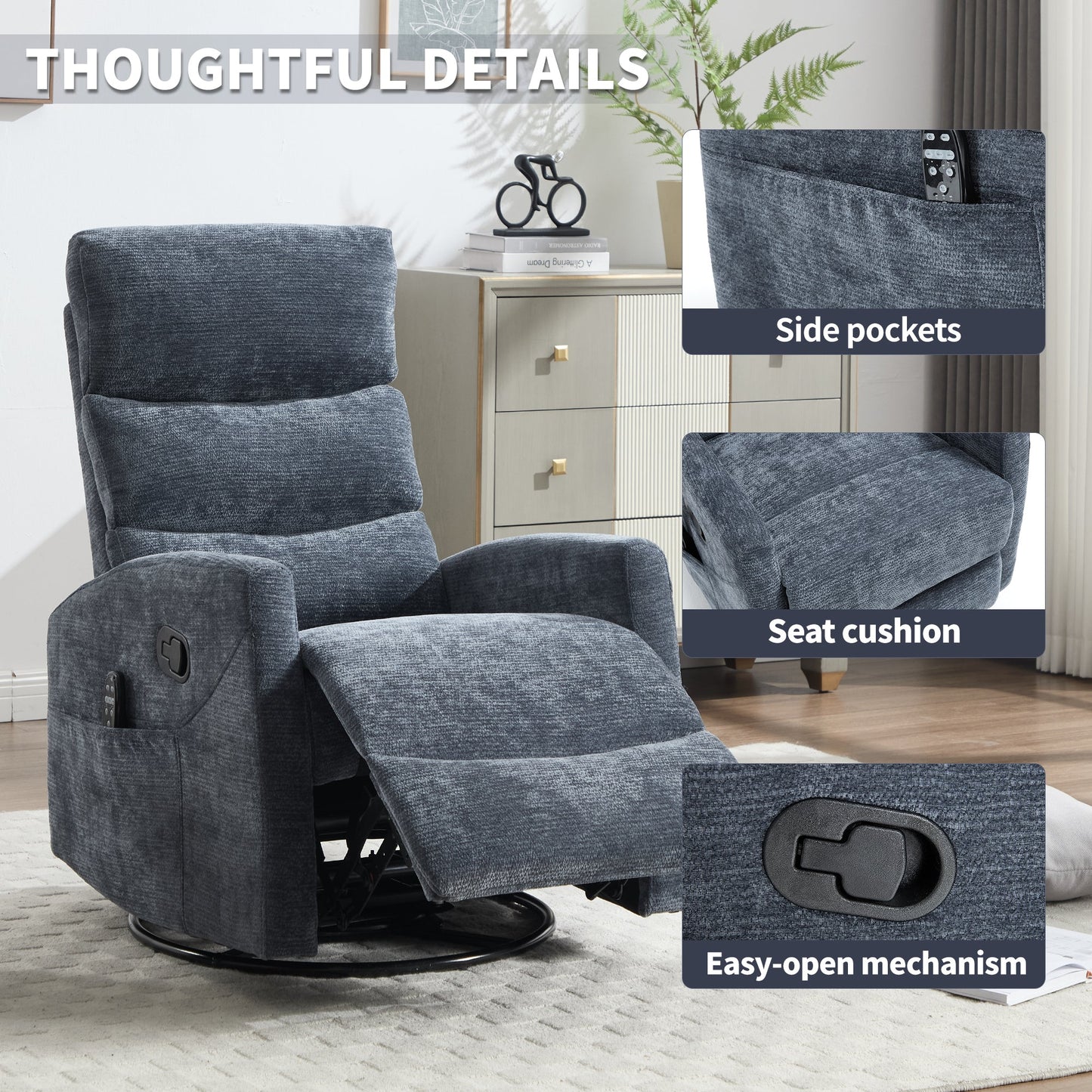 Heat Massage Manual Recliner Chair with Rocker and Swivel in Fabric for Living Room, Blue