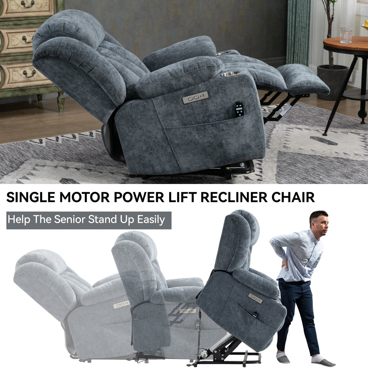 Up To 350 LBS Chenille Power Lift Recliner Chair