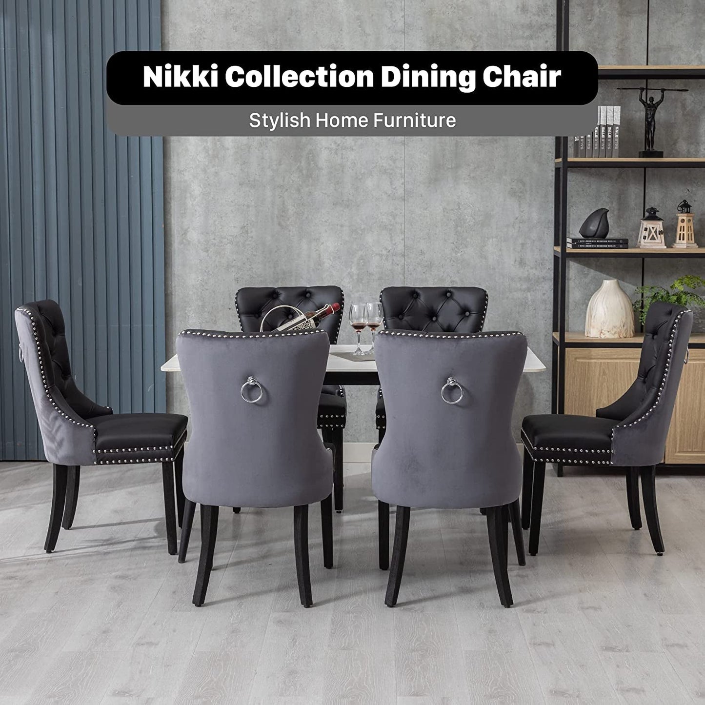 Velvet Dining Chairs Set Of 6 Black And Dark Grey Nailhead Trim in a modern dining room setting.