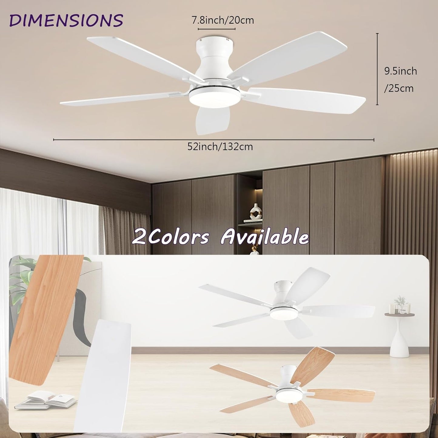 White 52 Inch Ceiling Fan With Remote And LED Lights