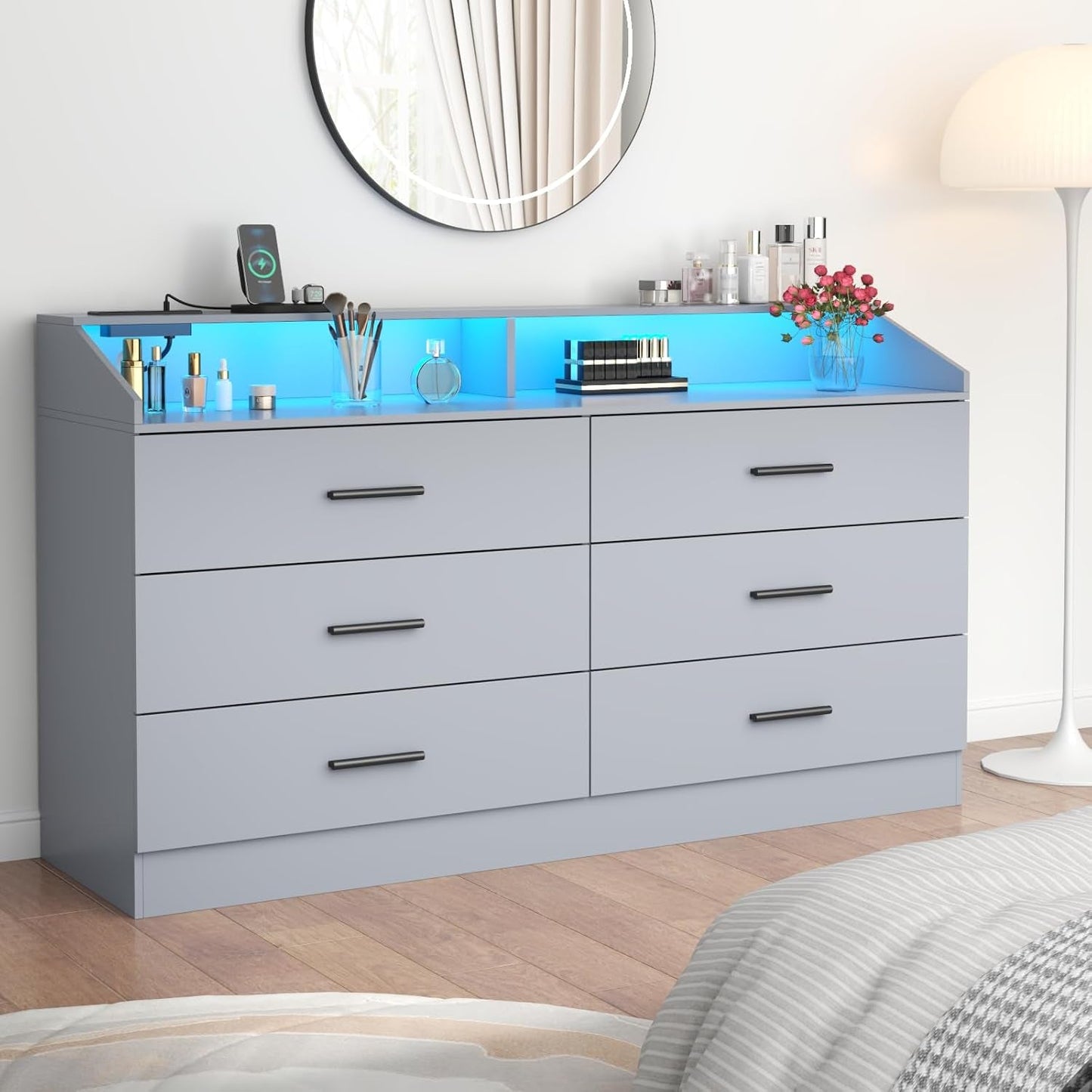 Grey Six Drawer Dresser With Power Outlet And USB Ports