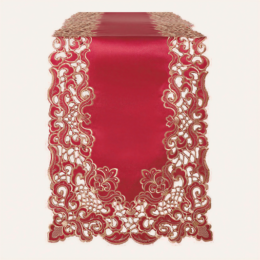 Burgundy Gold Table Runner – Granada Collection Rustic Embroidered Dining Decor 14x108 Inch