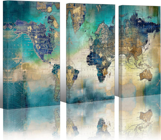 Stunning  World Map Canvas Wall Art - 3 Piece Set for Living Room, Bedroom, and Office - 16"x32" Large Decor