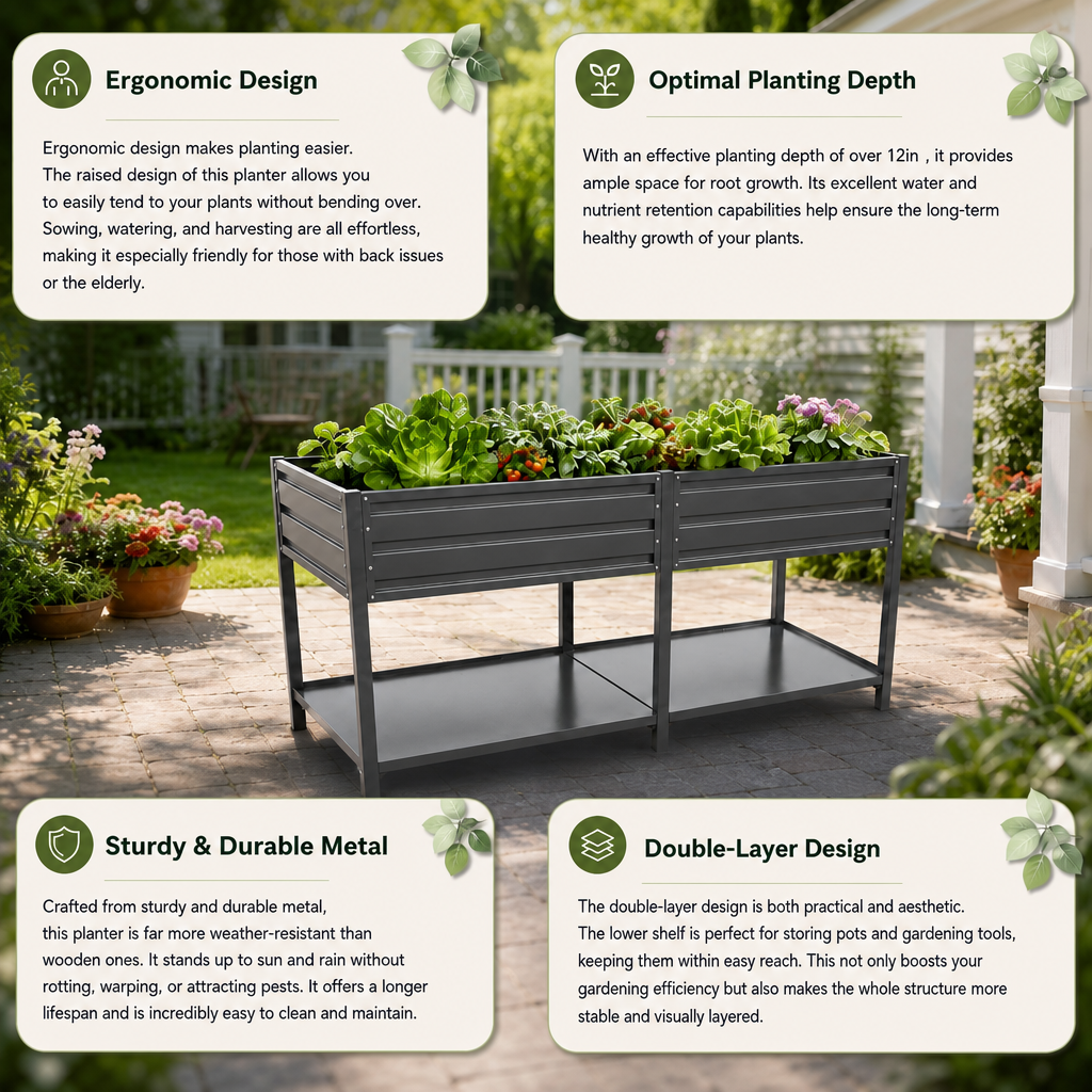 2-Tier Elevated Metal Wicking Garden Bed with Lockable Wheels