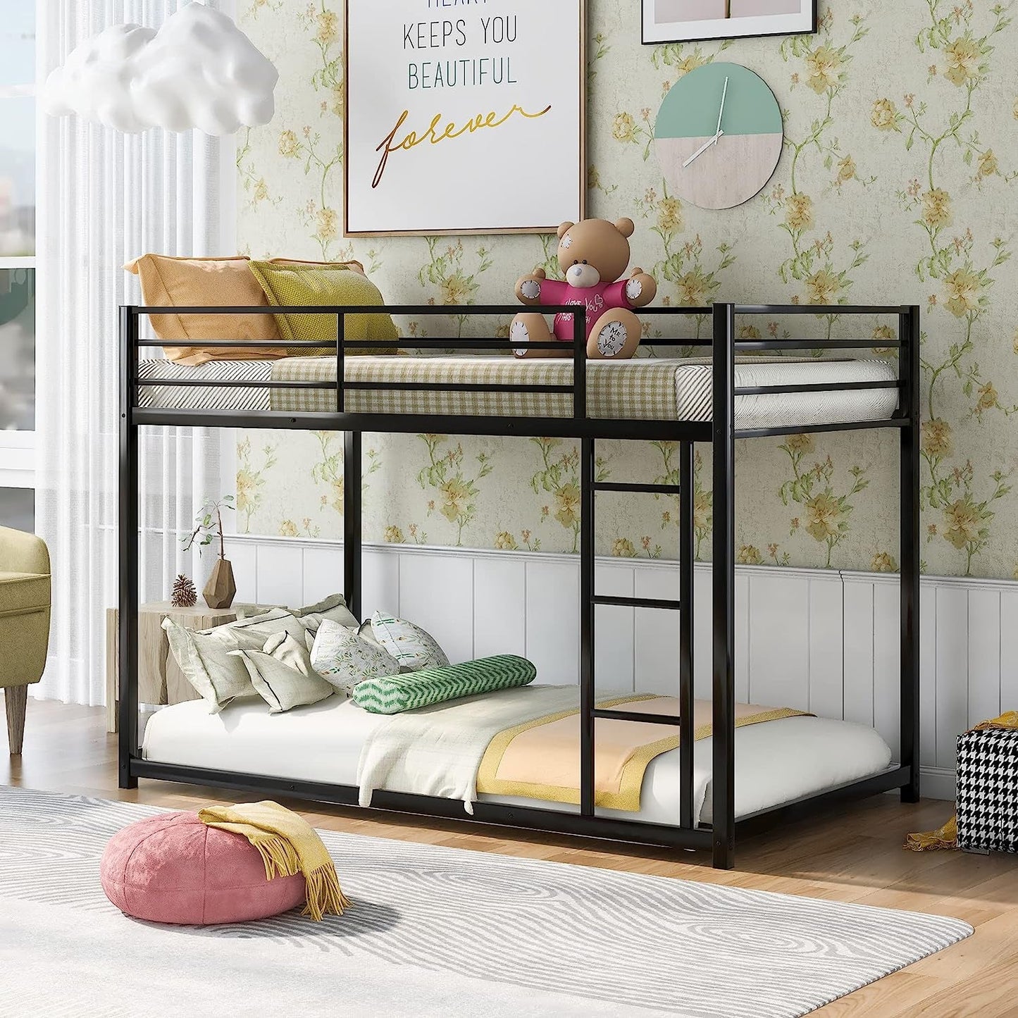Black Twin Metal Bunk Bed With Guard Rails And Ladder