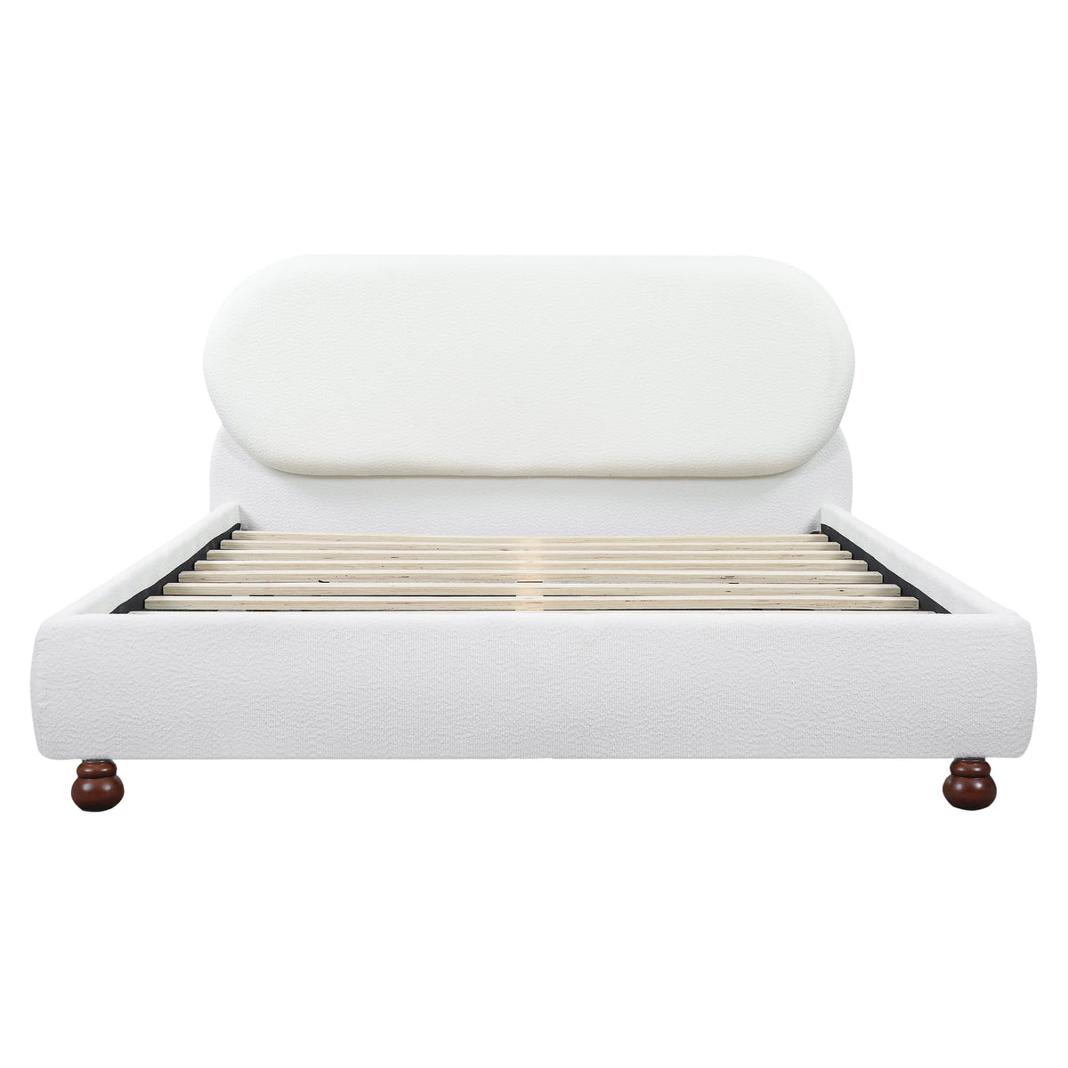 Cream-colored Boucle Upholstered Bed with Rubber Wood Foot, Queen