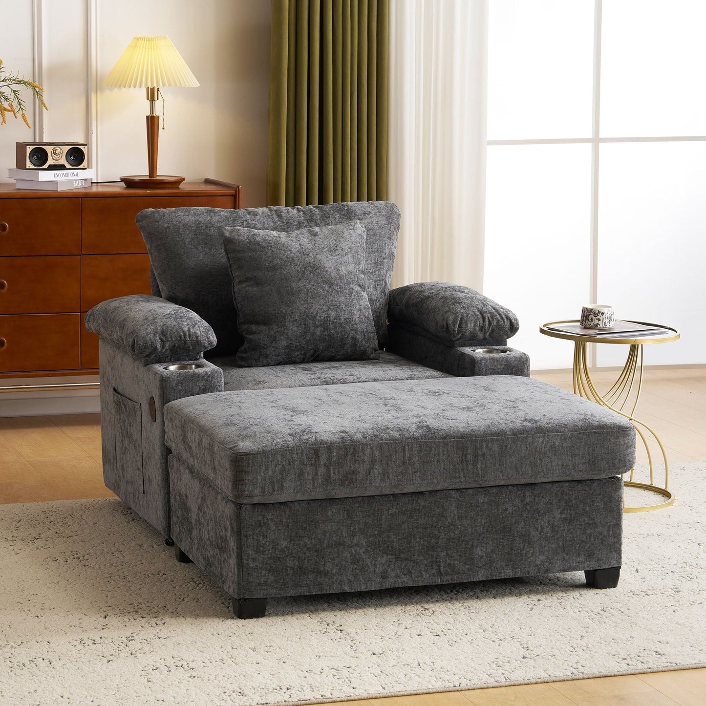 Modern Oversized Chair With Ottoman, Cupholders And USB Charging Ports