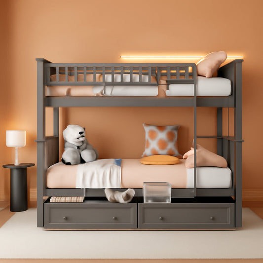 Grey Twin Bunk Bed With Storage Drawers Safety Rail
