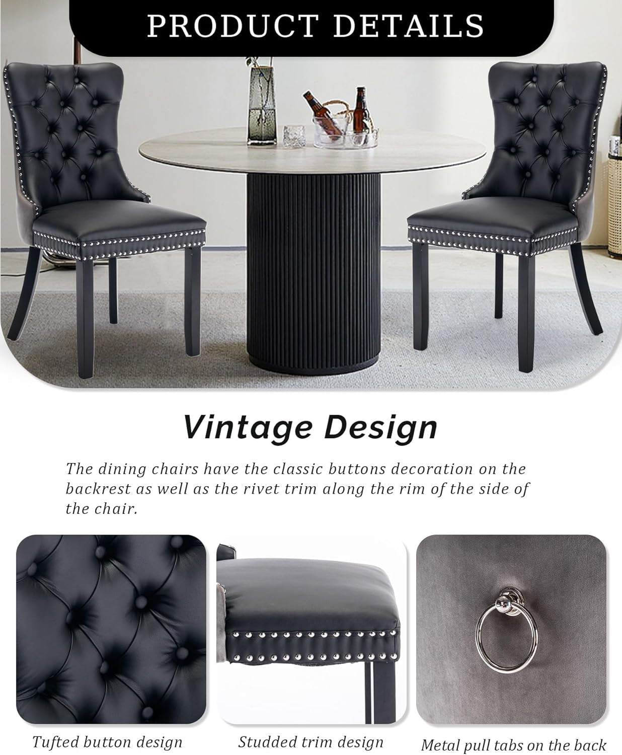 Leather Dining Chairs Set of 2 Black Nailhead Trim