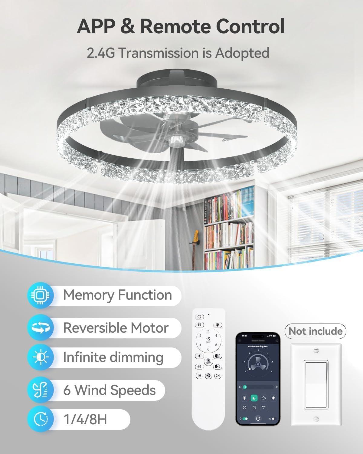 20 Inch Black Ceiling Fan With Remote Dimmable Light 3000K 6000K Low Profile Energy Efficient