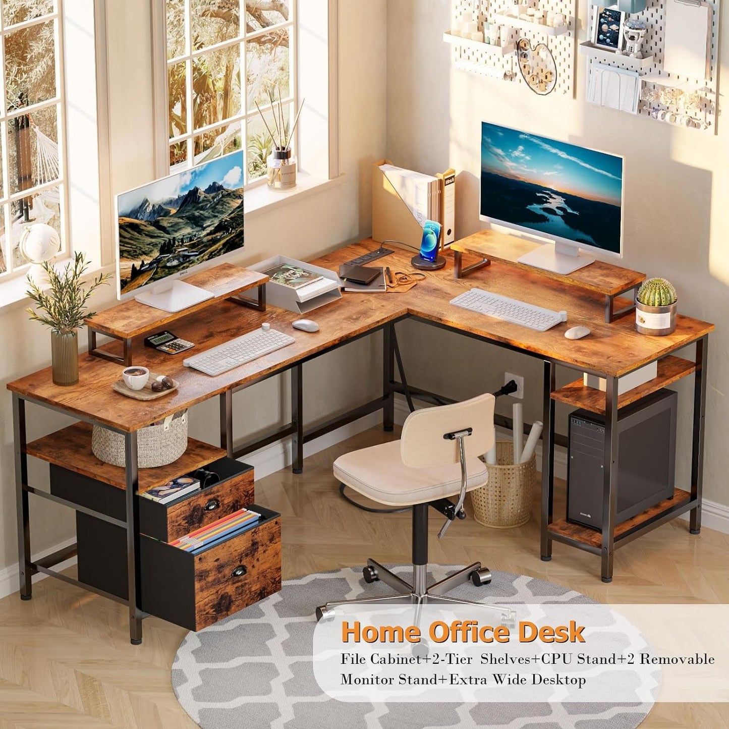 66 Inch Rustic Brown L Shaped Desk With Power Outlet