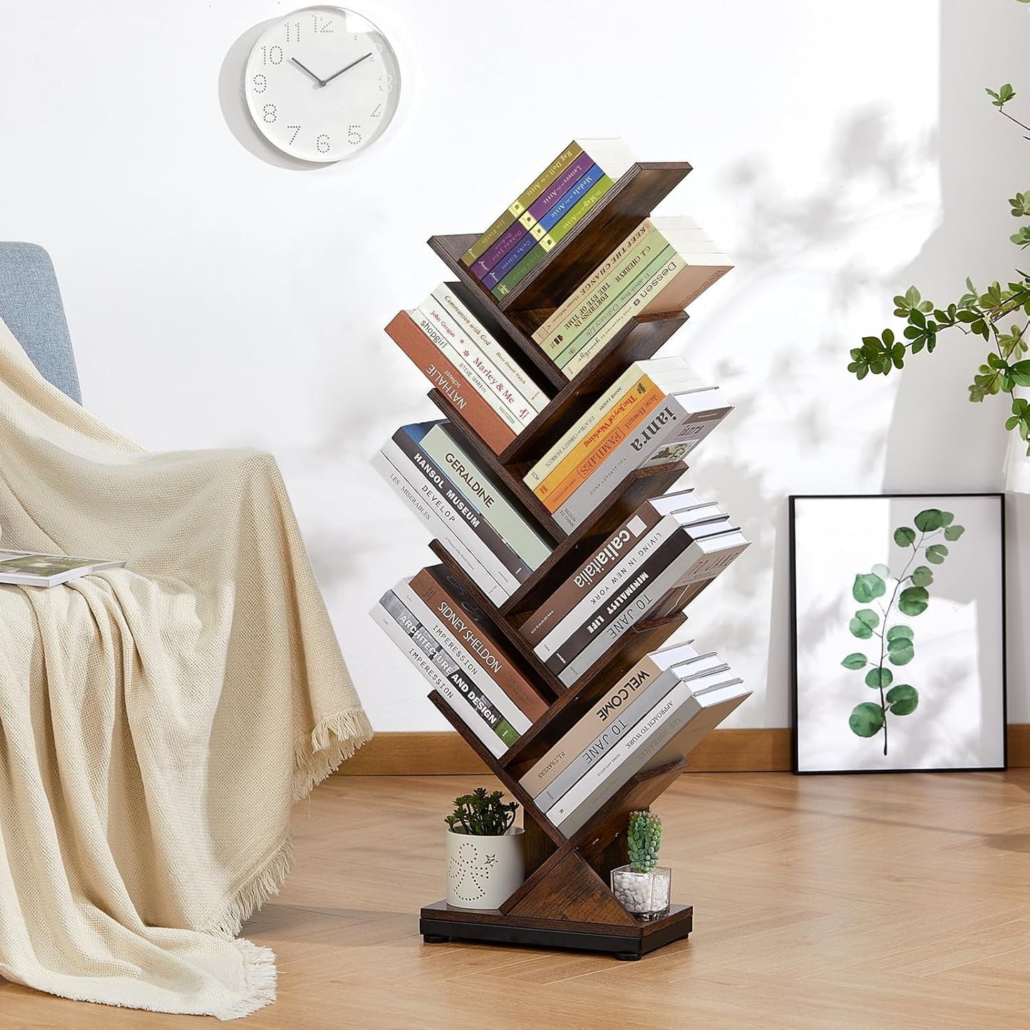 8 Tier Tree Bookshelf Floor Standing Bookcase For Books CDs Rustic Wood