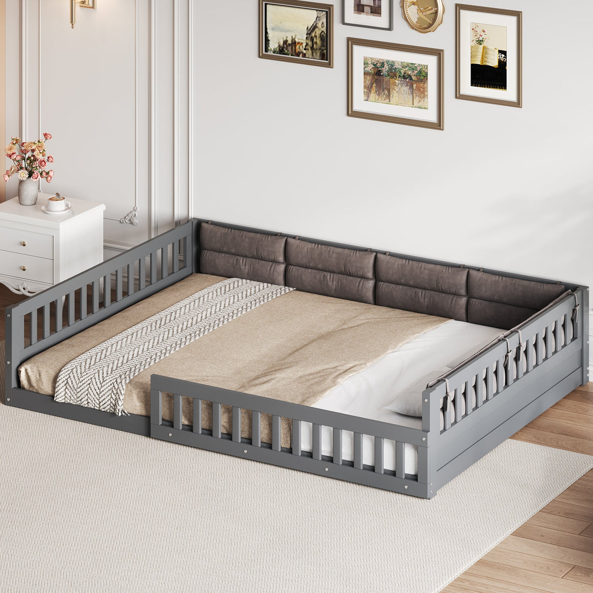 Wood Full Size Upholstered Platform Bed with Guardrail and Pillow