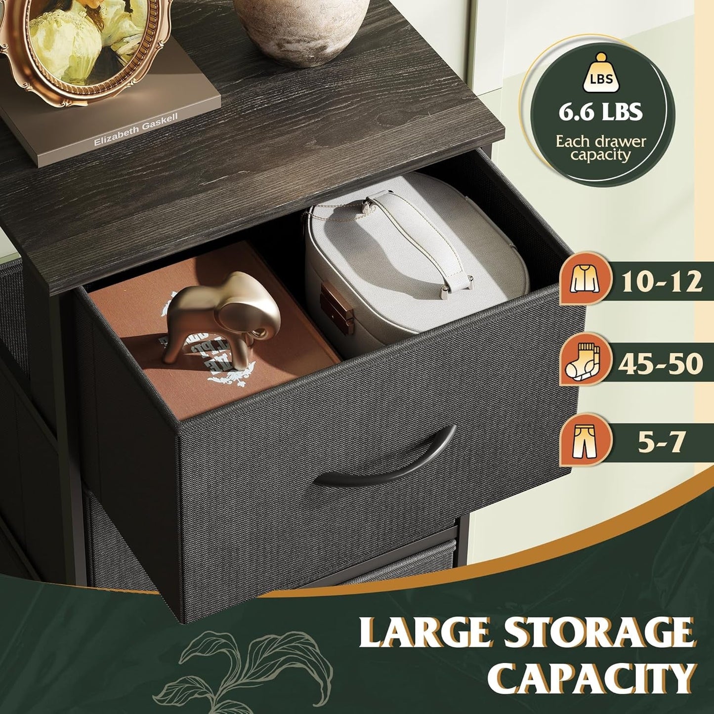 Fabric Dresser 5 Drawer Tall Storage Charcoal Black