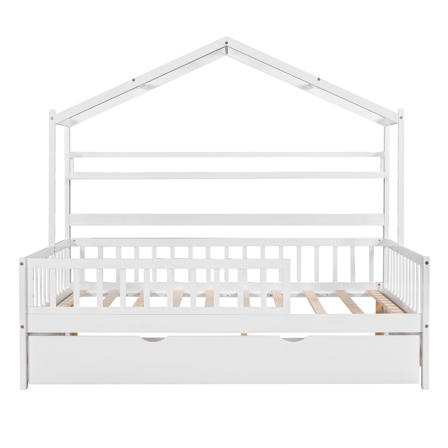 Wooden Full Size House Bed with Twin Size Trundle,Kids Bed with Shelf, White(Old SKU:WF301683AAK)