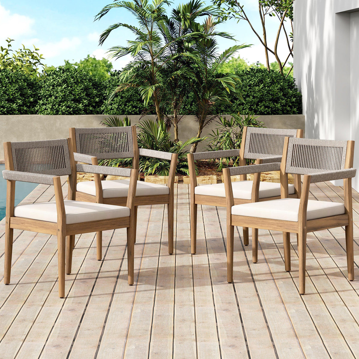 Braided Acacia Wood Outdoor Dining Chairs Set of 4