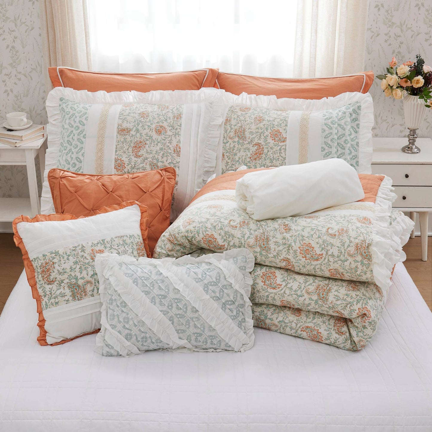 9 Piece Cotton Percale Comforter Set Coral King