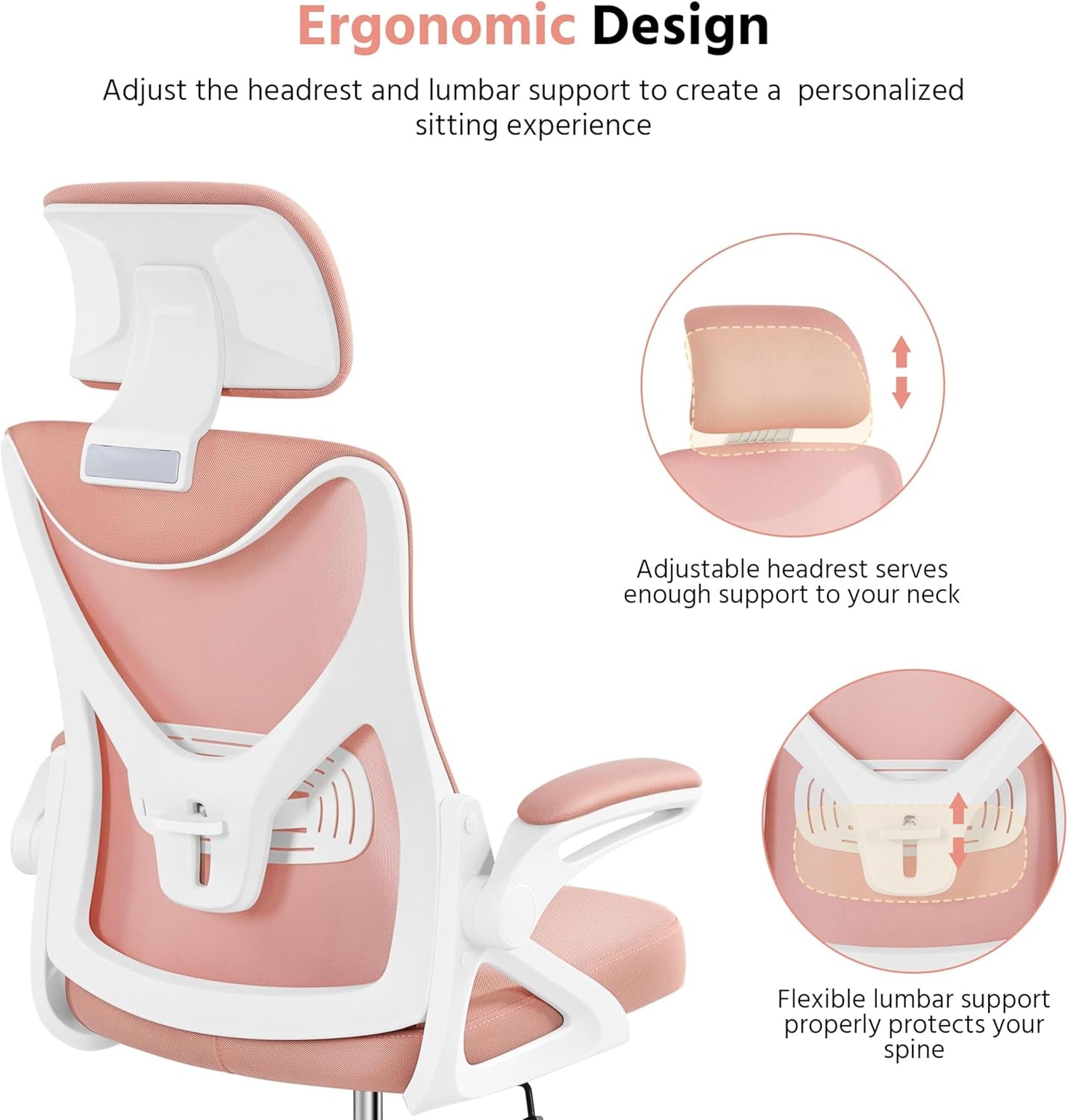 Ergonomic Office Chair High Back Mesh White Pink Lumbar