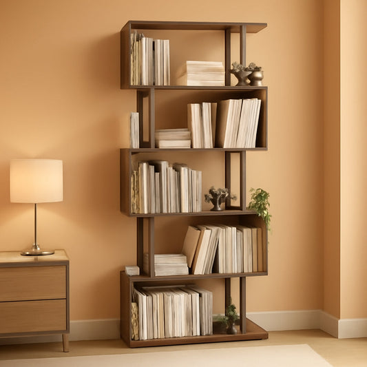 5-Tier S Shaped Bookcase In Rustic Brown Wood Shelving