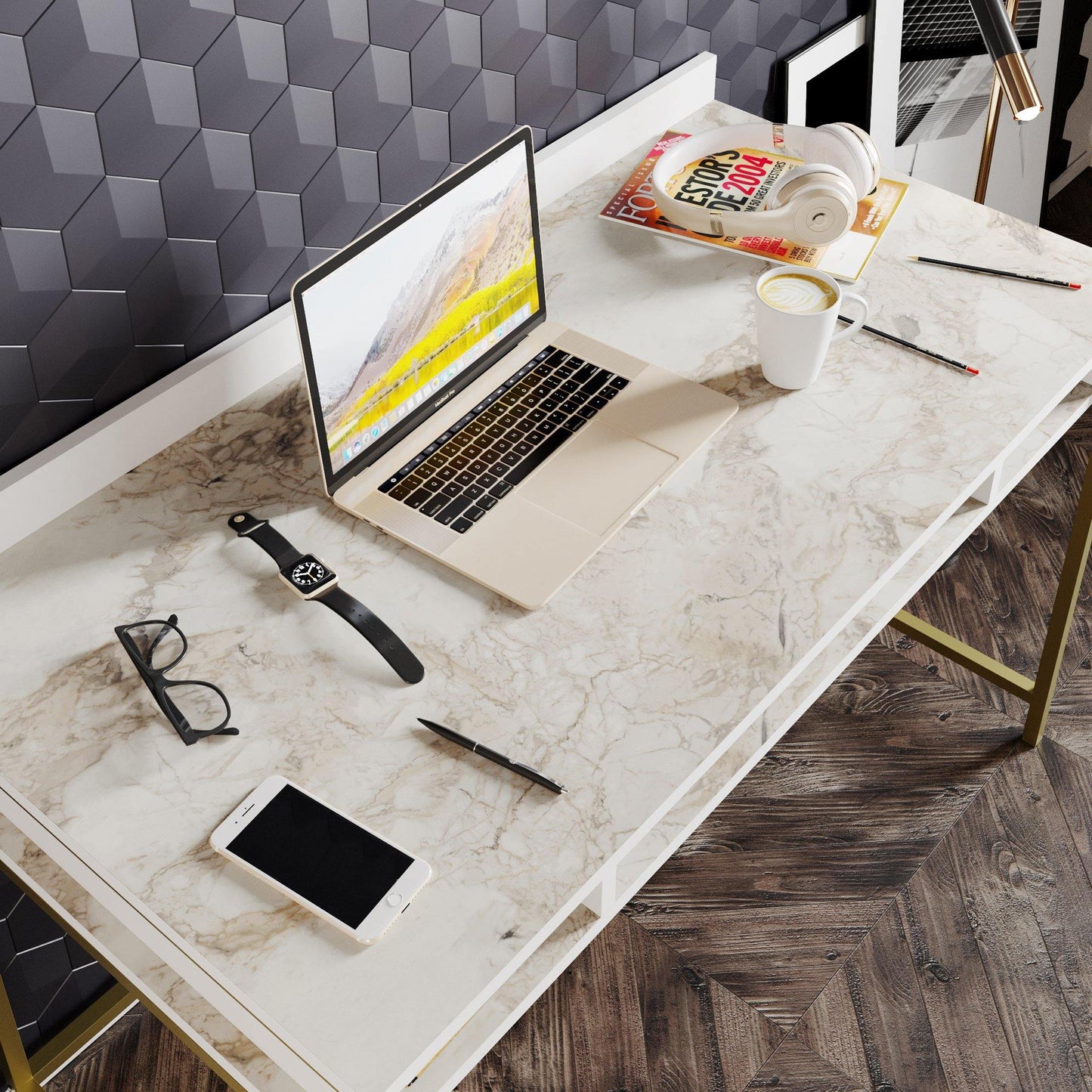 Tumata 47'' Wide Metal Wood Computer Desk with Open Shelves