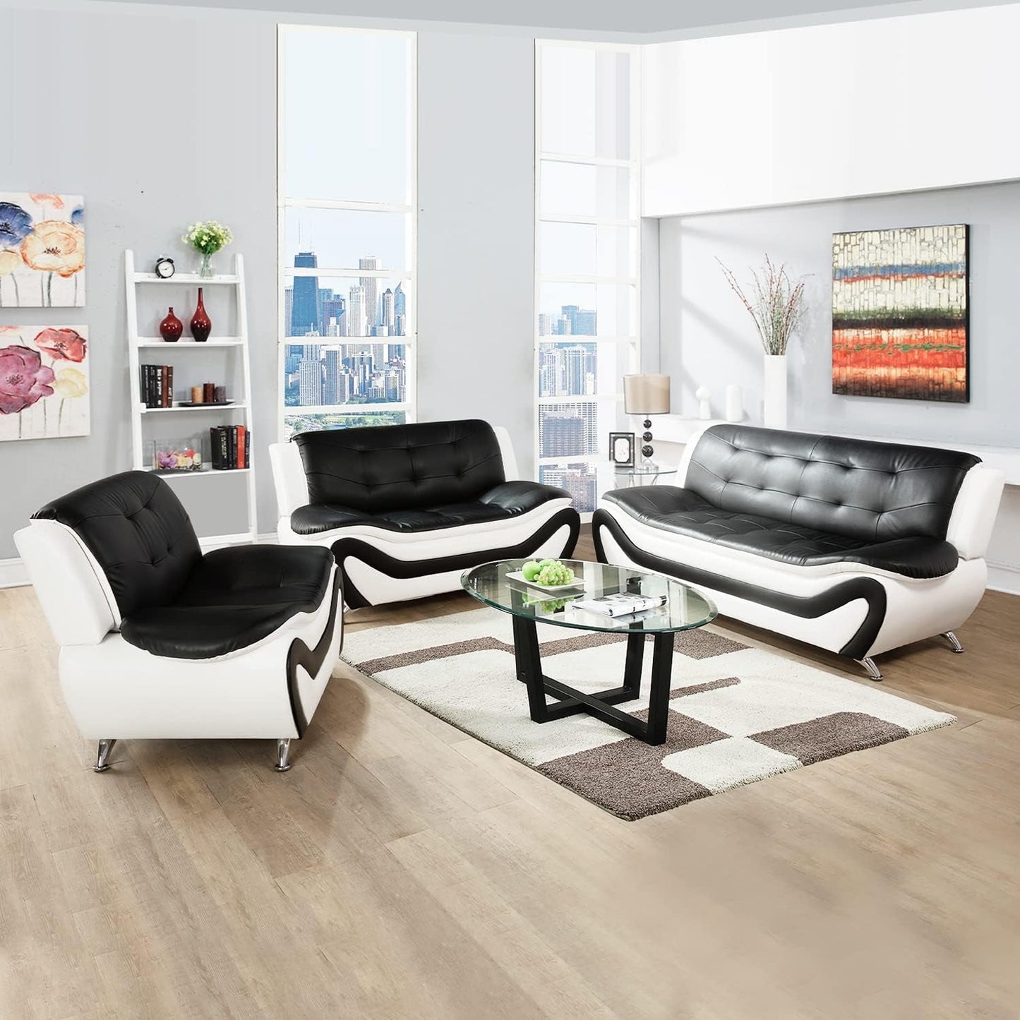Living Room Faux Leather Sofa Set 3 Piece Black White