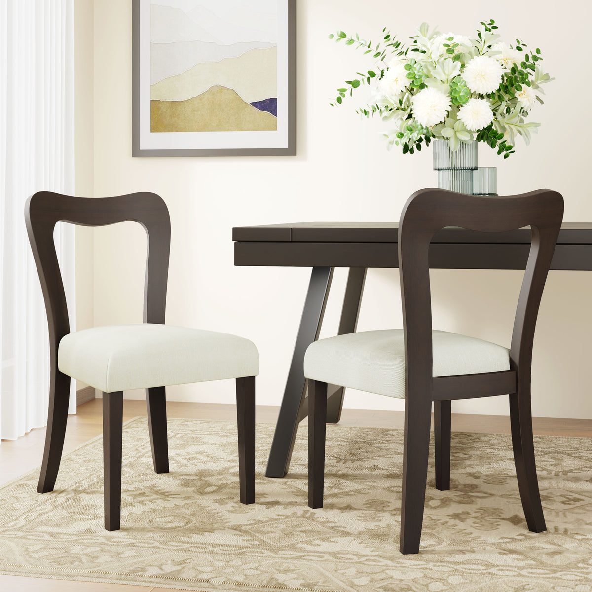 Dining Chair Without Arm Set of 2 - Dark Brown and Beige