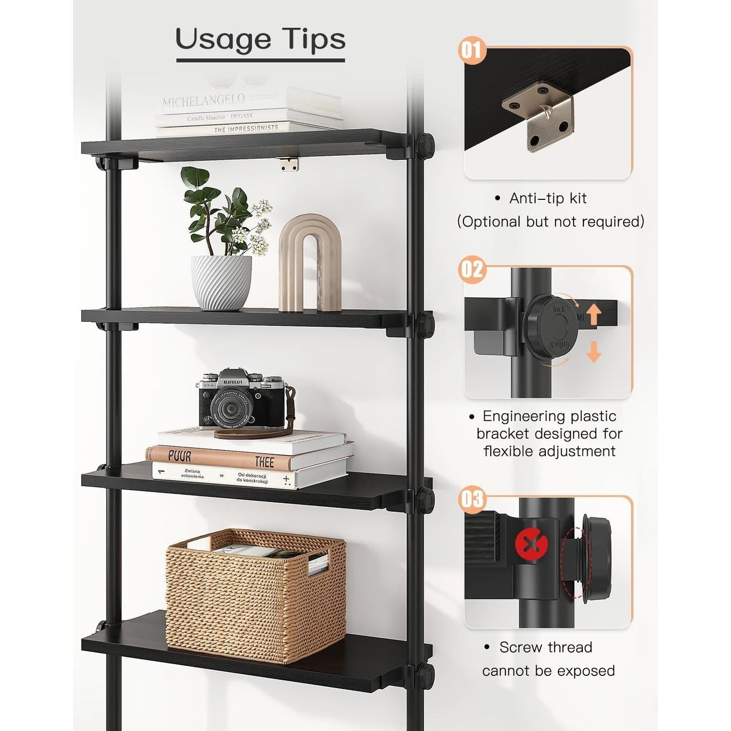 5 Tier Narrow Ladder Bookshelf With Floor To Ceiling Mount
