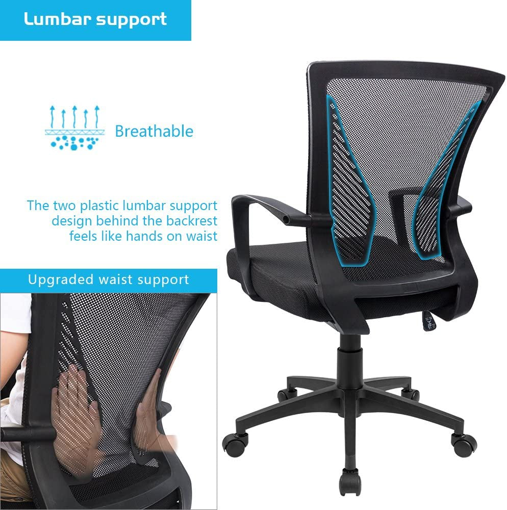 Office Chair Ergonomic Mid Back Mesh Black Lumbar Support