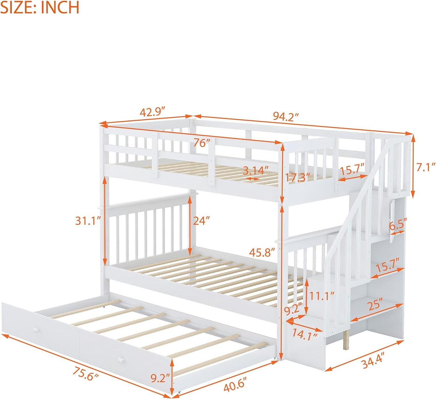 Twin Over Twin Bunk Bed With Stairs And Trundle White