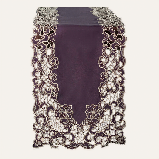 Plum Gold Table Runner – Embroidered Vintage Linen Runner | Rustic Table Decor 14x108 Inch