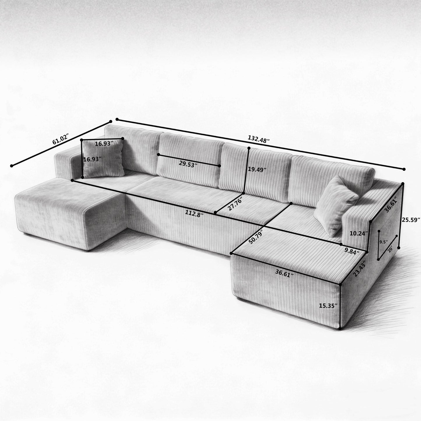 132" U Shaped Modular Sectional Sofa