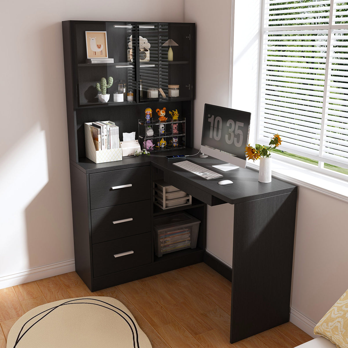 Computer Desk with Glass Cabinets & Built-In LED Lights