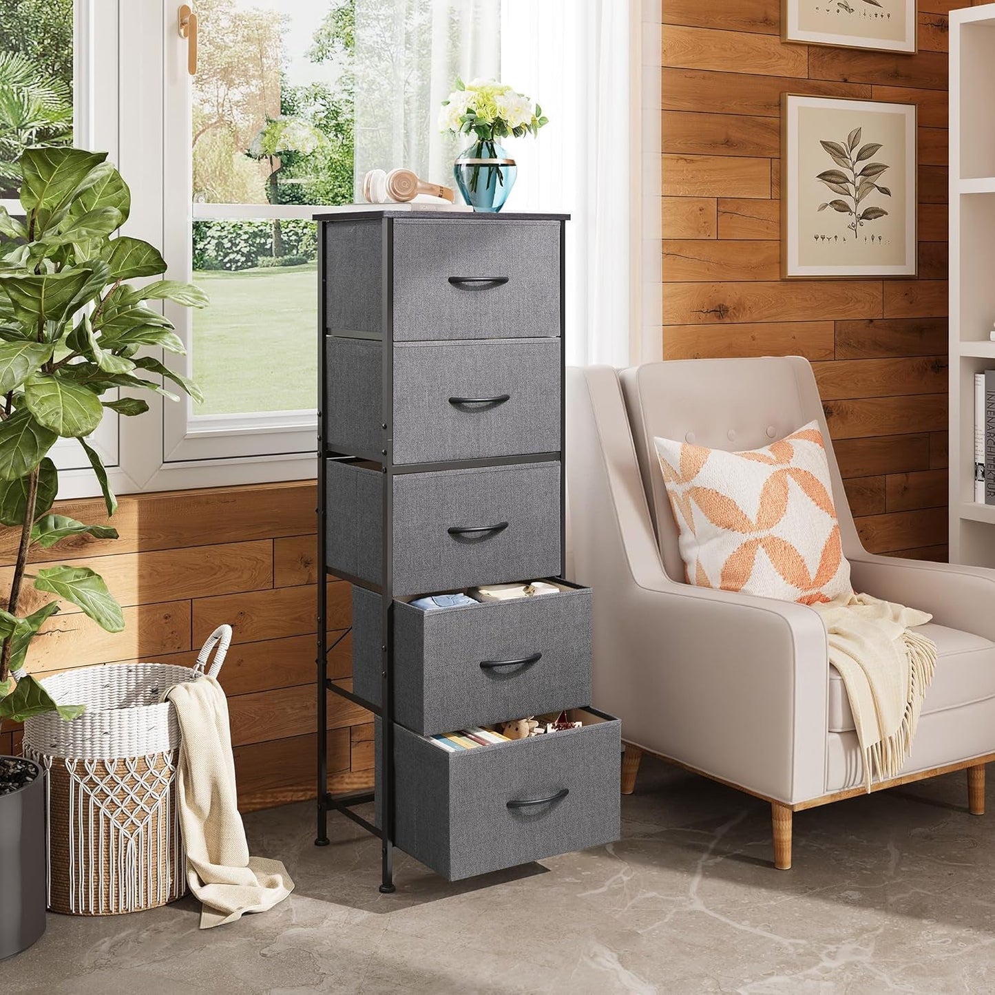 Dark Grey Fabric Dresser 5 Drawer Tall Storage Unit