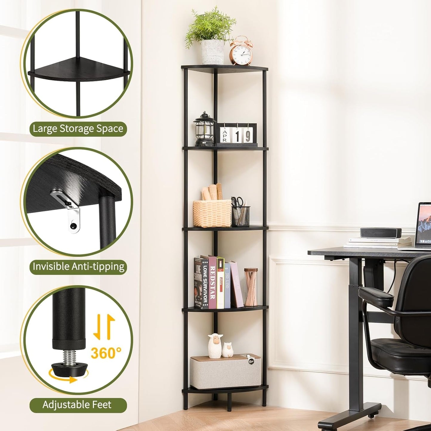 65 Inch Corner Shelf Stand 5 Tier Bookshelf For Home