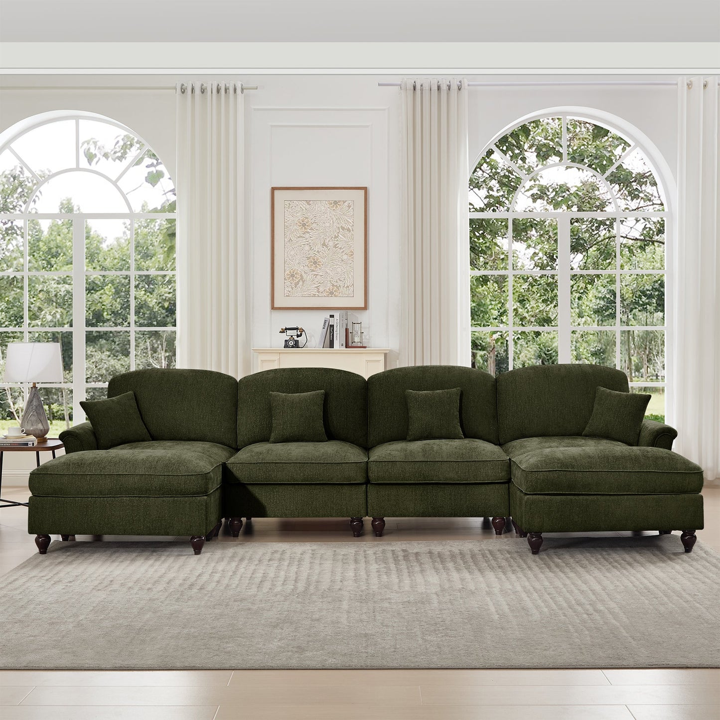 Classic U Shape 4 Seater Modular Sectional Sofa Couch with Flared Arms and Removable Ruffles Pleats Skirts and Spindle Legs, Chenille Deep Seat Cloud Sofa with Movable Ottomans, Green