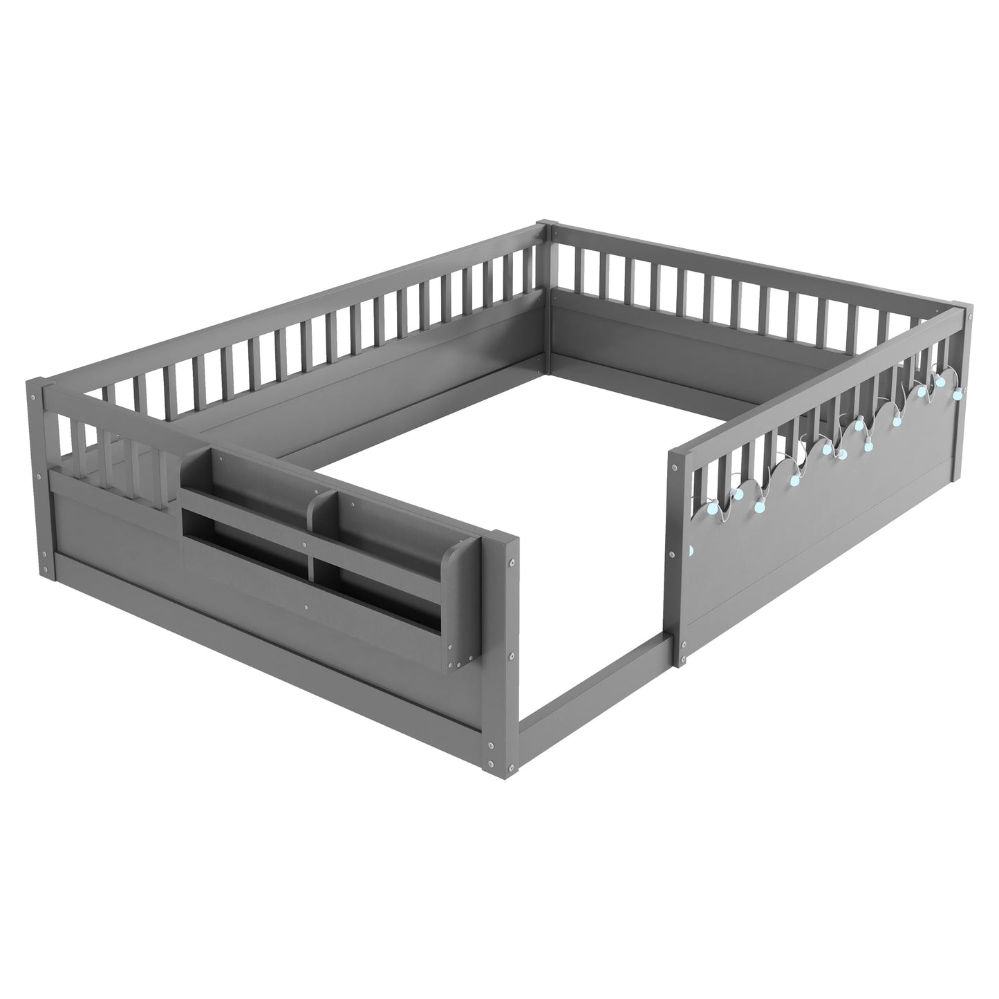 Full Montessori Floor Bed Frame with High Rails, Wood Kids Floor Beds with Light and Storage Shelf, Gray(Expect Arrival Date 2025/8/15)