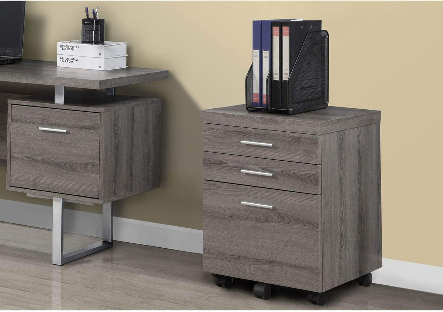 Dark Taupe 3 Drawer File Cabinet With Lockable Castors For Mobile Home Office Use