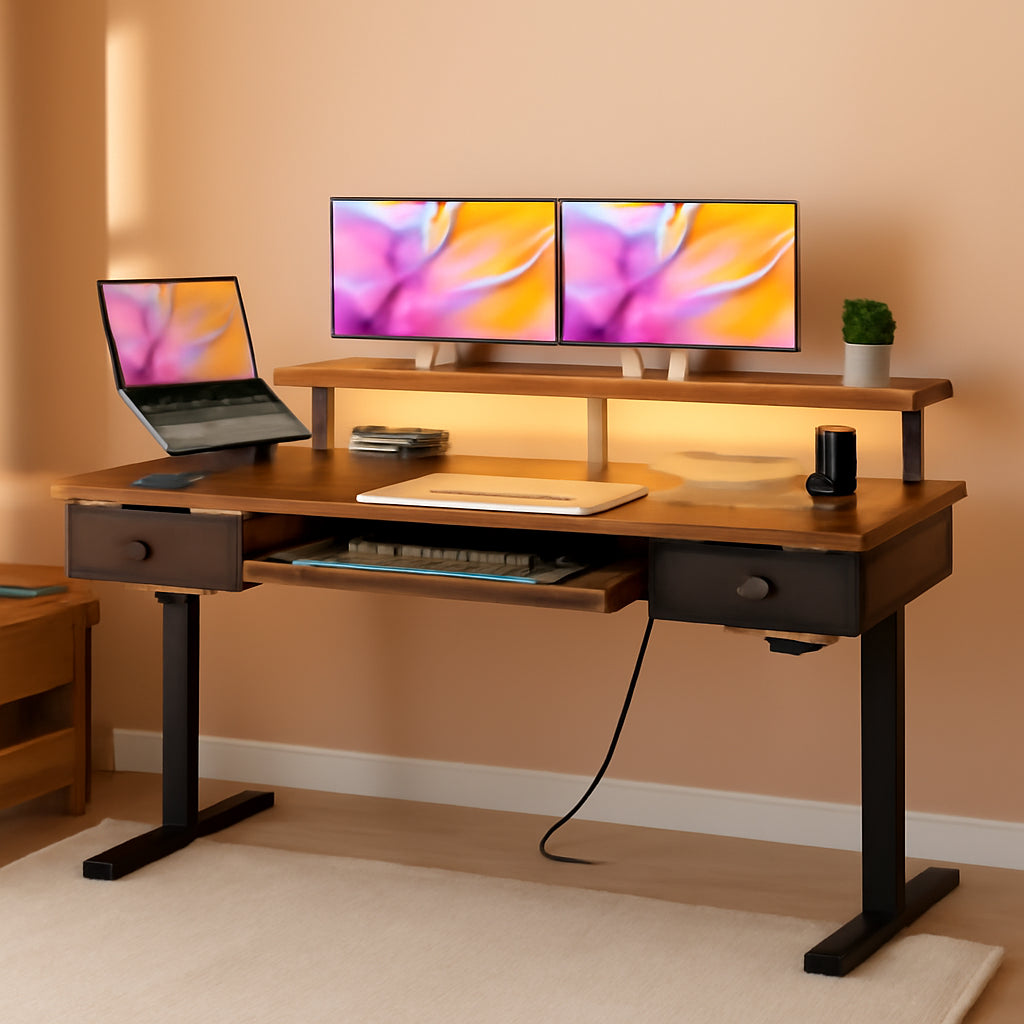 Electric Standing Desk 55 Inch With Drawers Power Outlets