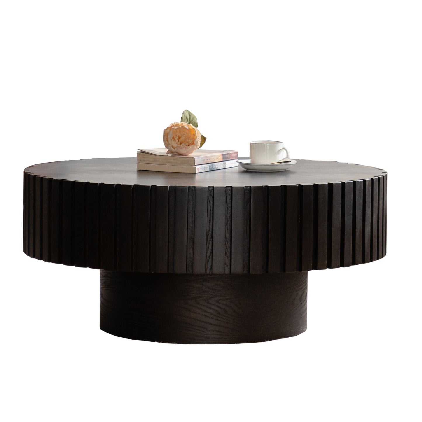Round Coffee Table Handcrafted Relief Sturdy Pedestal Wooden Olive-Shaped Tea Table for Living Room