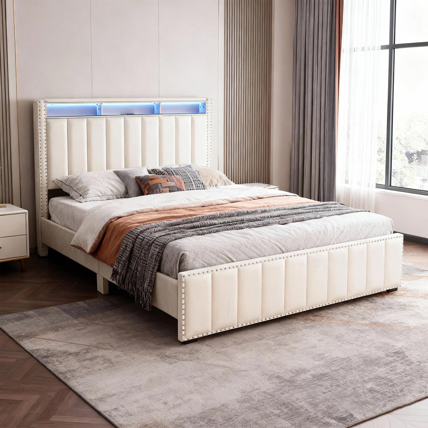 Full Size Bed 2x Nightstands Bedroom Furniture Contemporary Beige Fabric Upholstered Bedframe w LED Nailhead Trim 3pc Bedroom Set