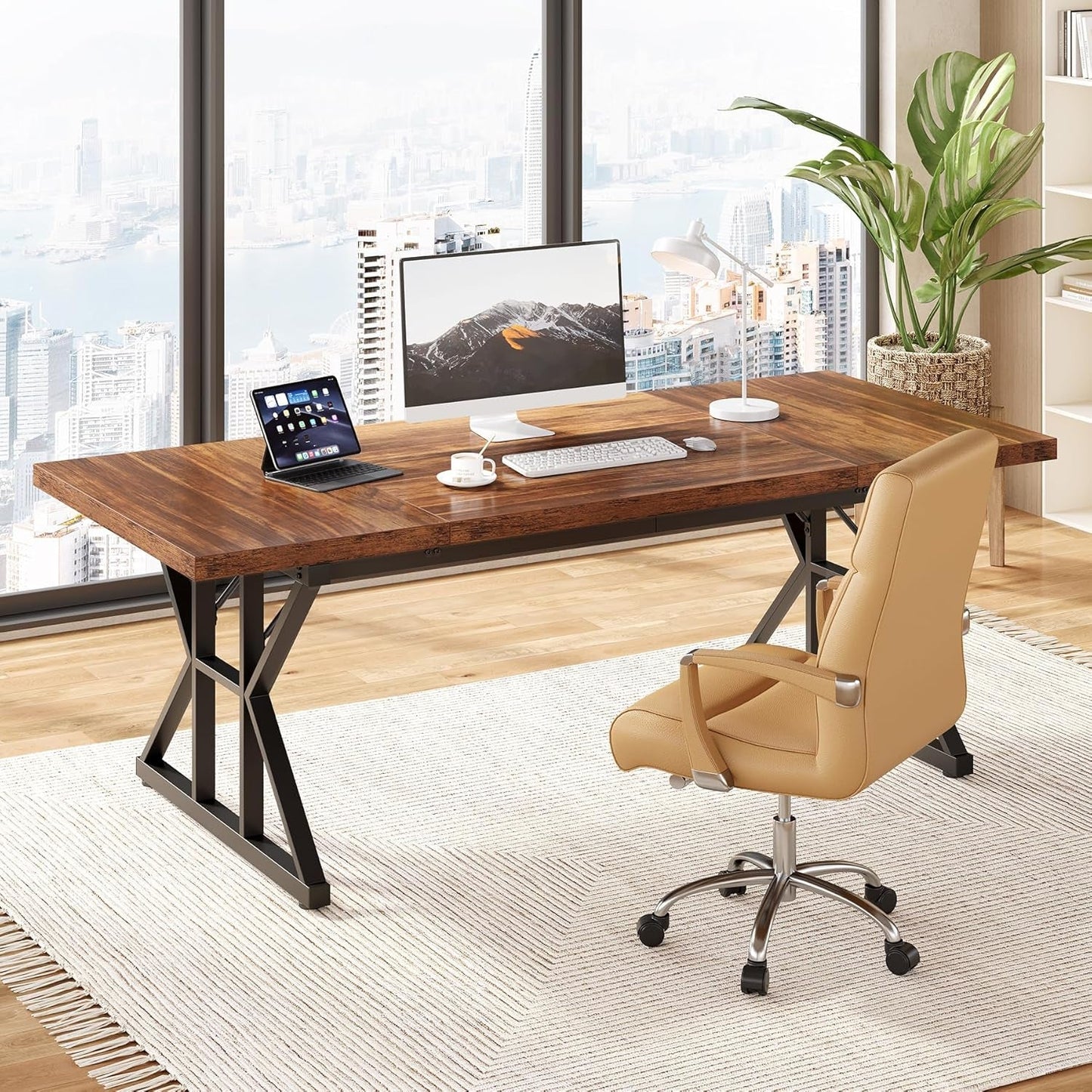 70.8 Inch Modern Executive Desk Brown Black Wood Office