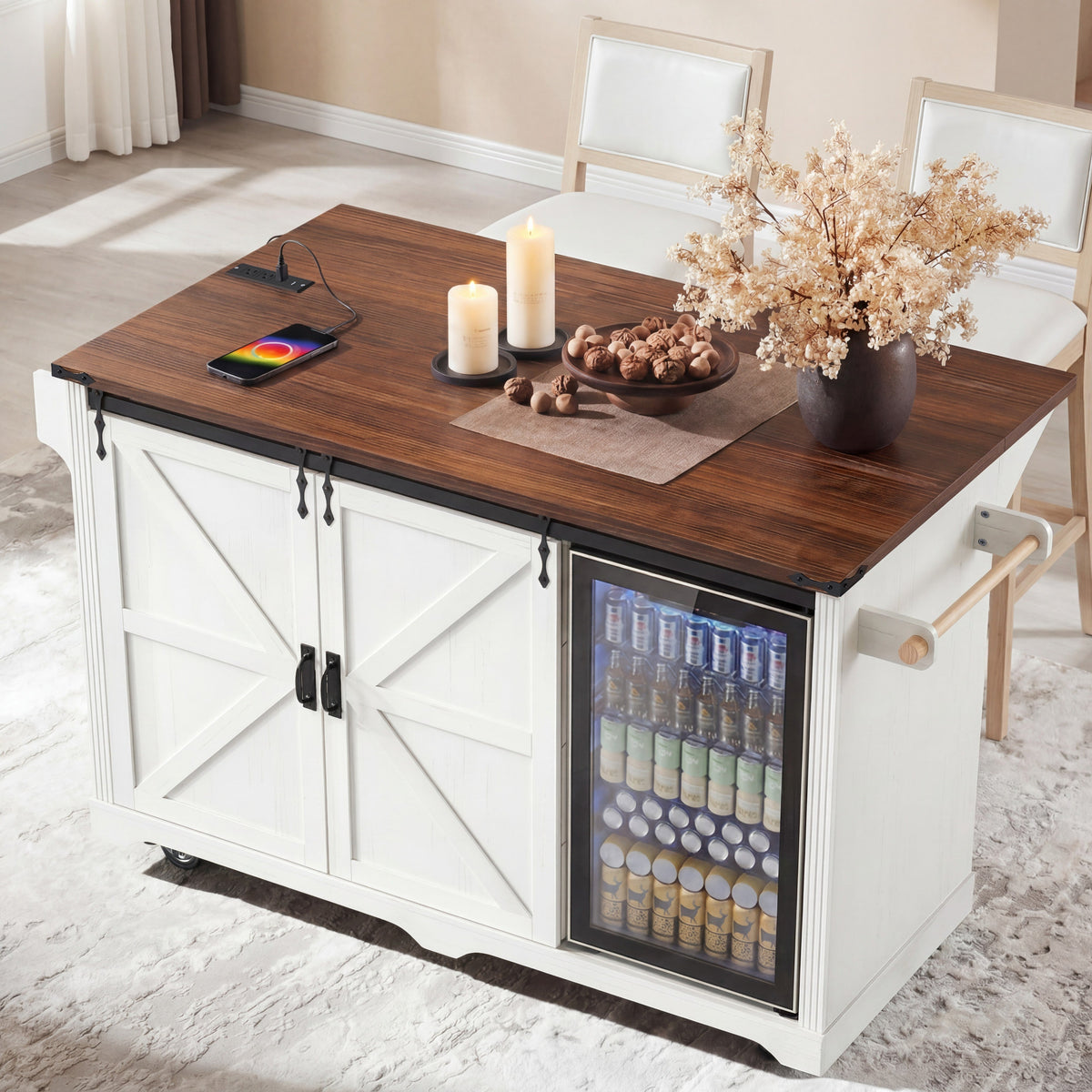 K&K 72" Farmhouse Kitchen Island with Fridge Storage