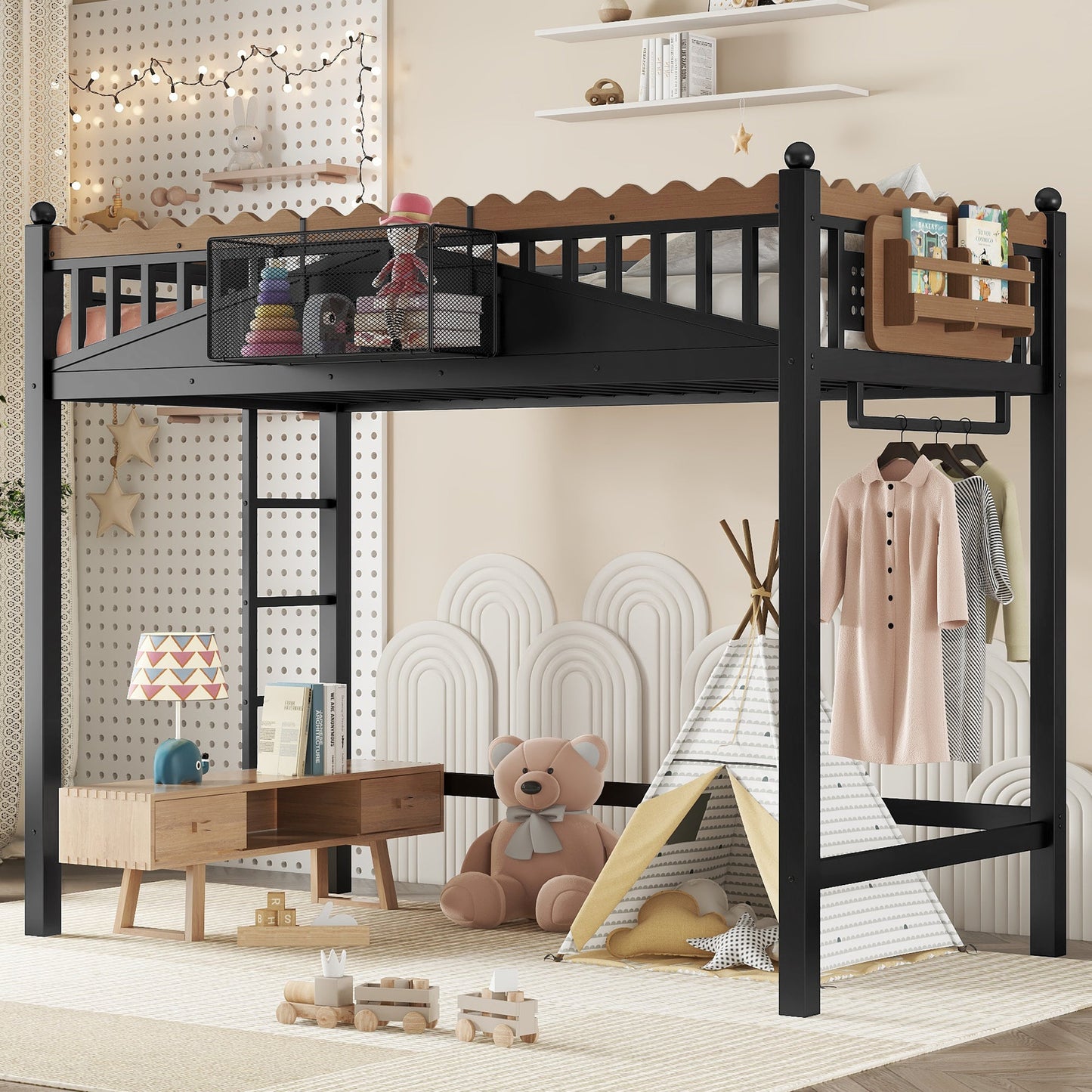 Twin XL Size Loft Bed with Ladders, Storage Shelves, and Bookshelf