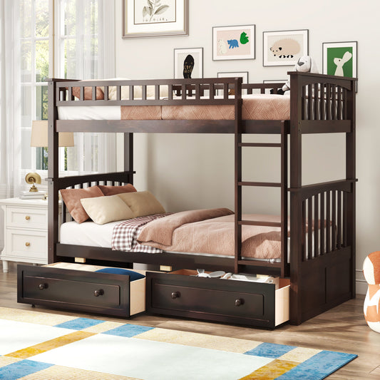 Twin Over Twin Bunk Bed with Drawers, Convertible Beds