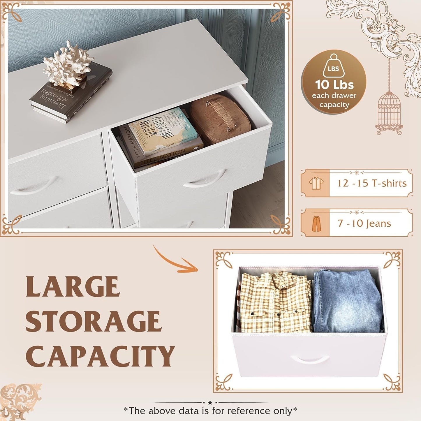 White Fabric Dresser With 6 Drawers And Fabric Bins