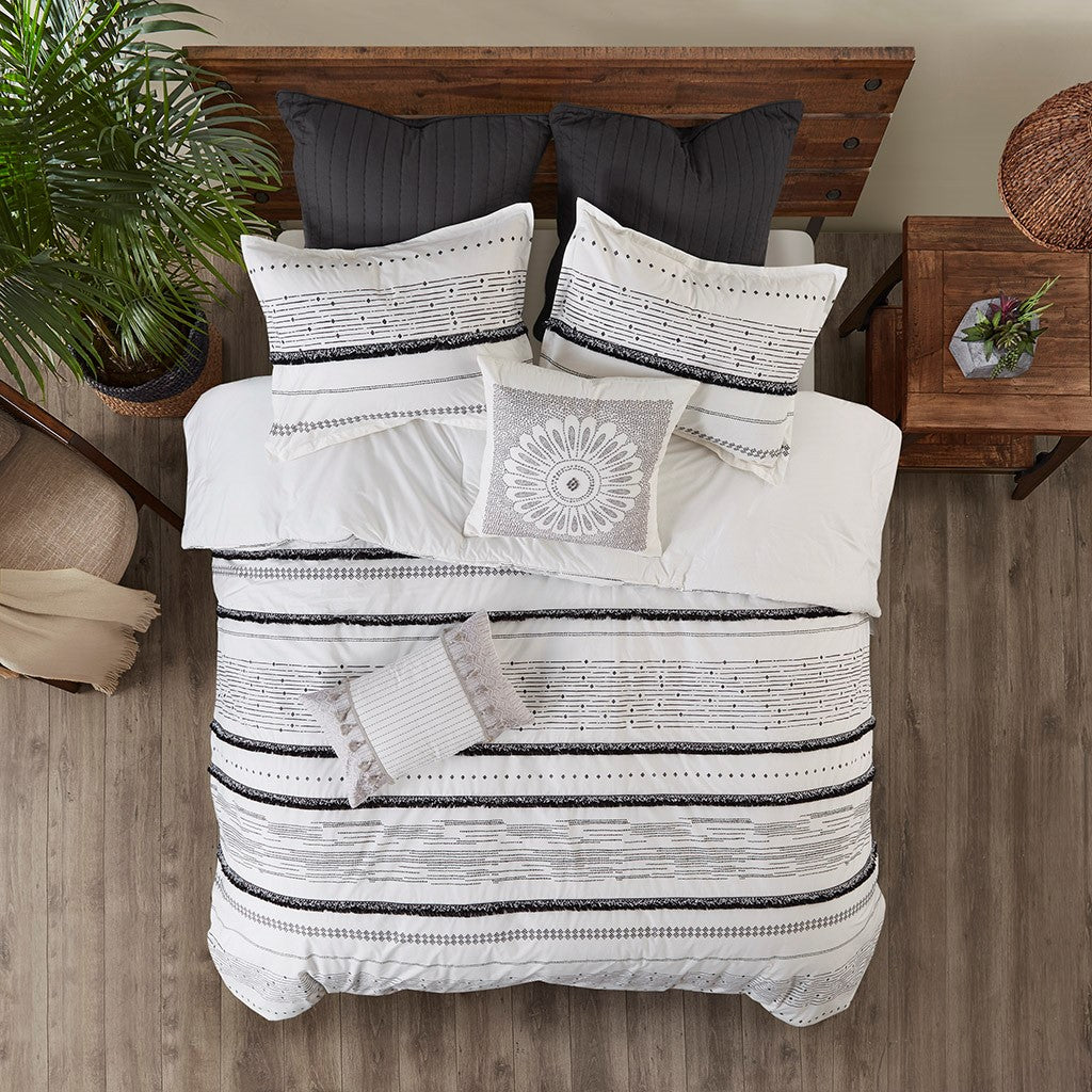 Cotton Printed Comforter Set with Trims Black/White Full/Queen