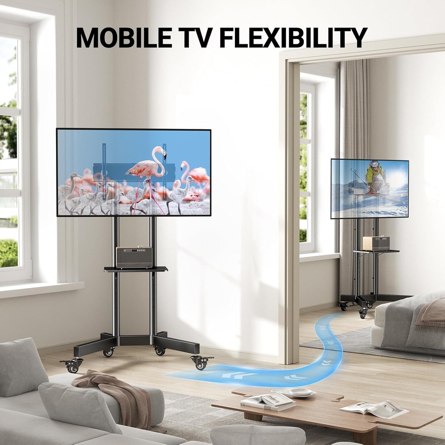 Rolling TV Stand For 32 To 85 Inch TVs Height Adjustable