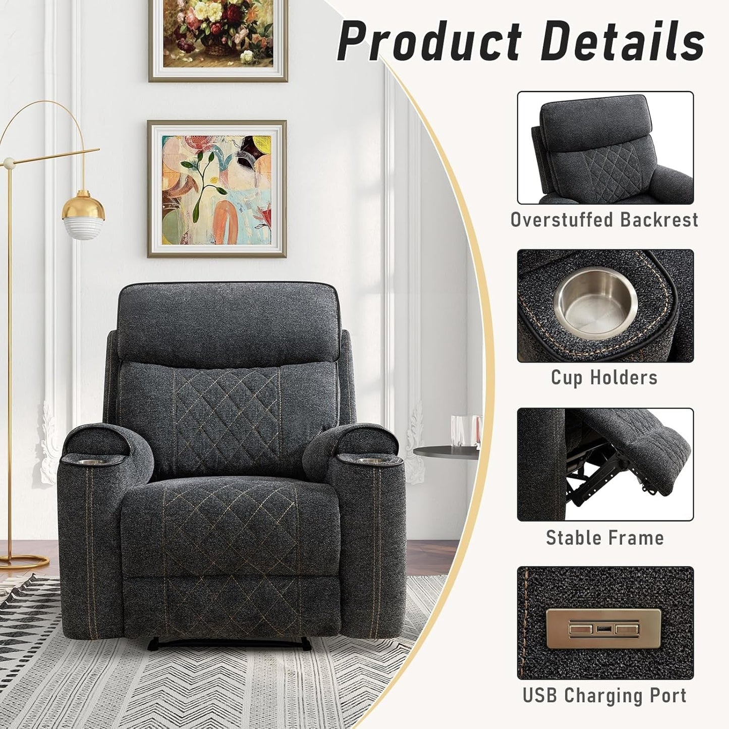 Electric Recliner Chair With Soft Fabric And Cup Holders