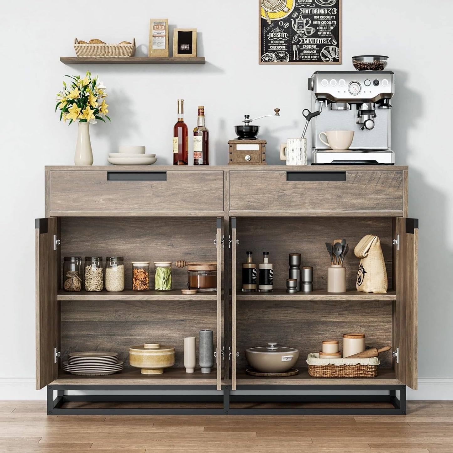 55 Inch Buffet Cabinet With 2 Drawers Modern Farmhouse
