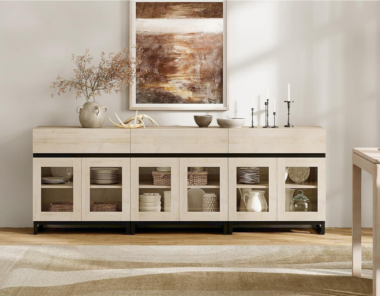 Light Oak Glass Doors Sideboard With Drawers For Dining